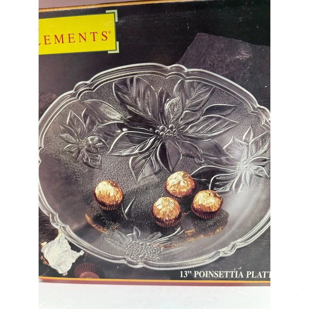 Elements 13 Poinsettia Platter Clear Glass Christmas Serving Plate Vintage 1995